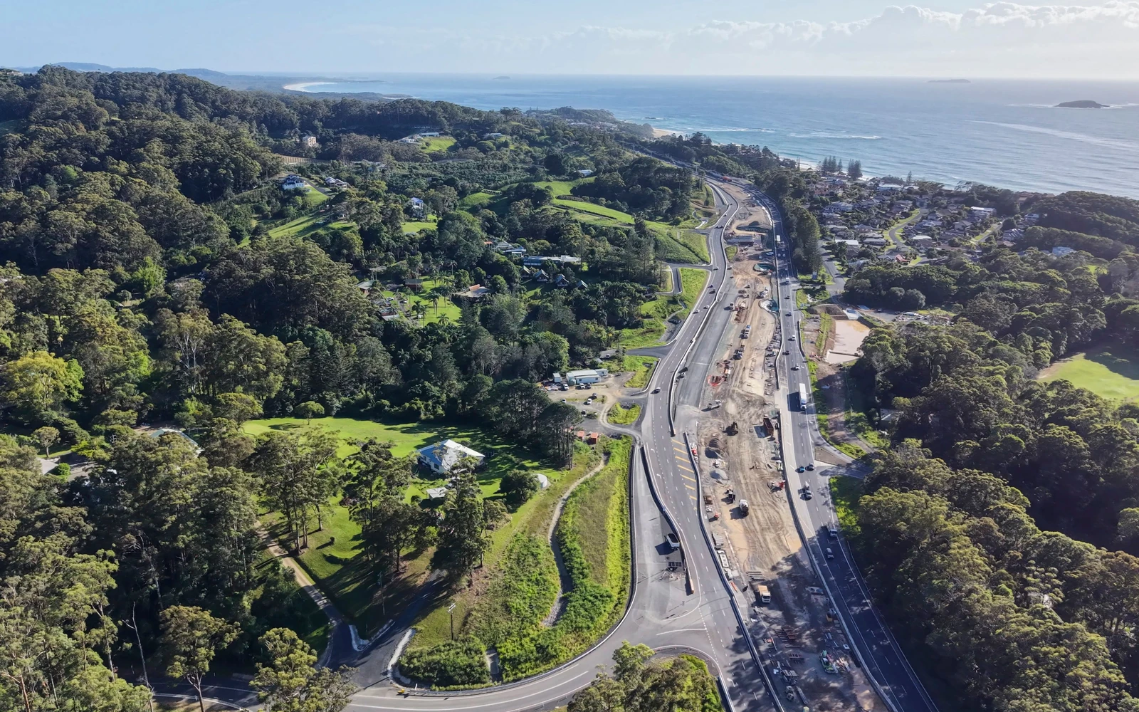 Aerial view of the Coffs Harbour Bypass alignment through Korora towards the coast