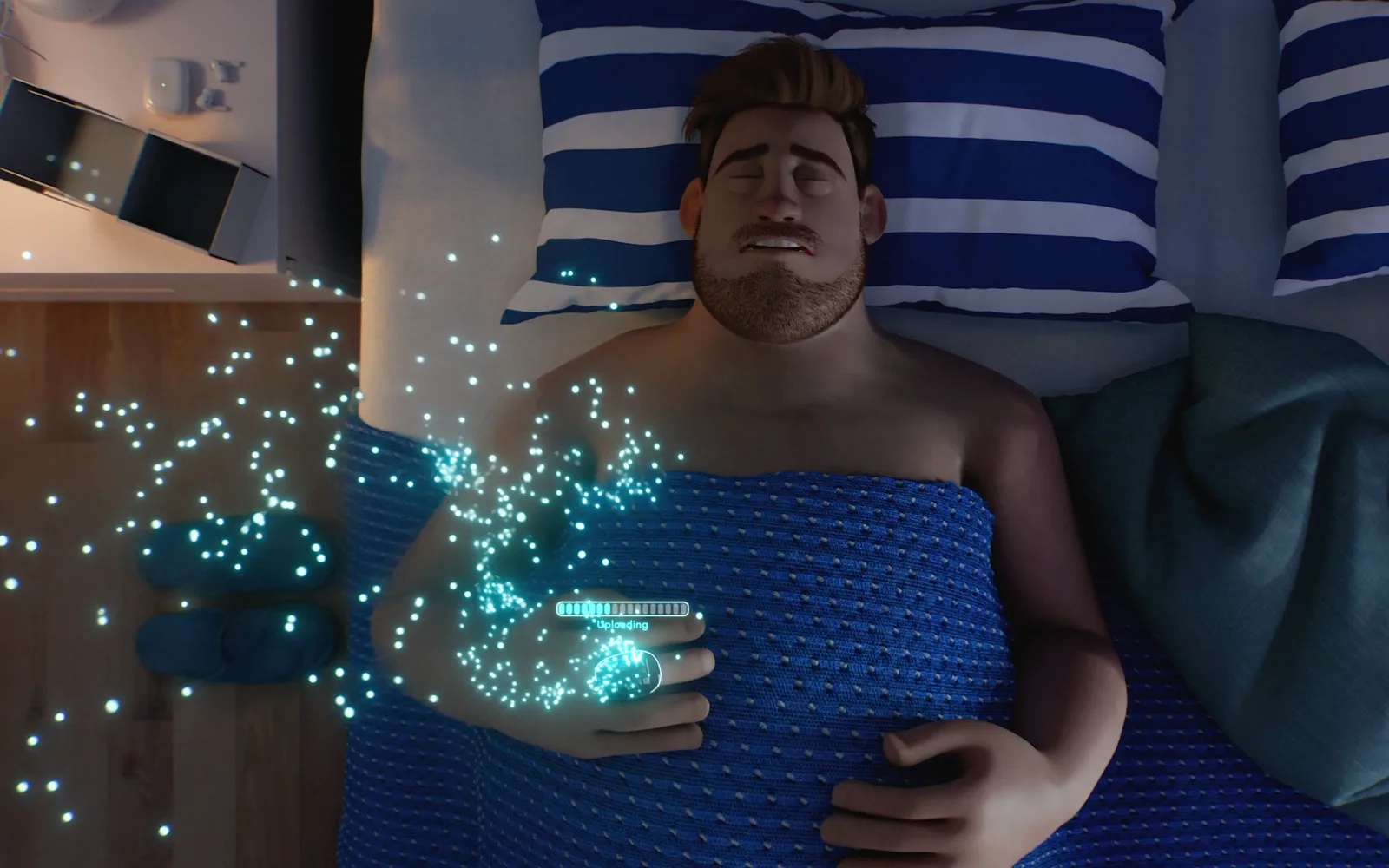 Still from the 3D animated ASTA Sleep Program explainer, showing the character asleep with the in-home sleep test running