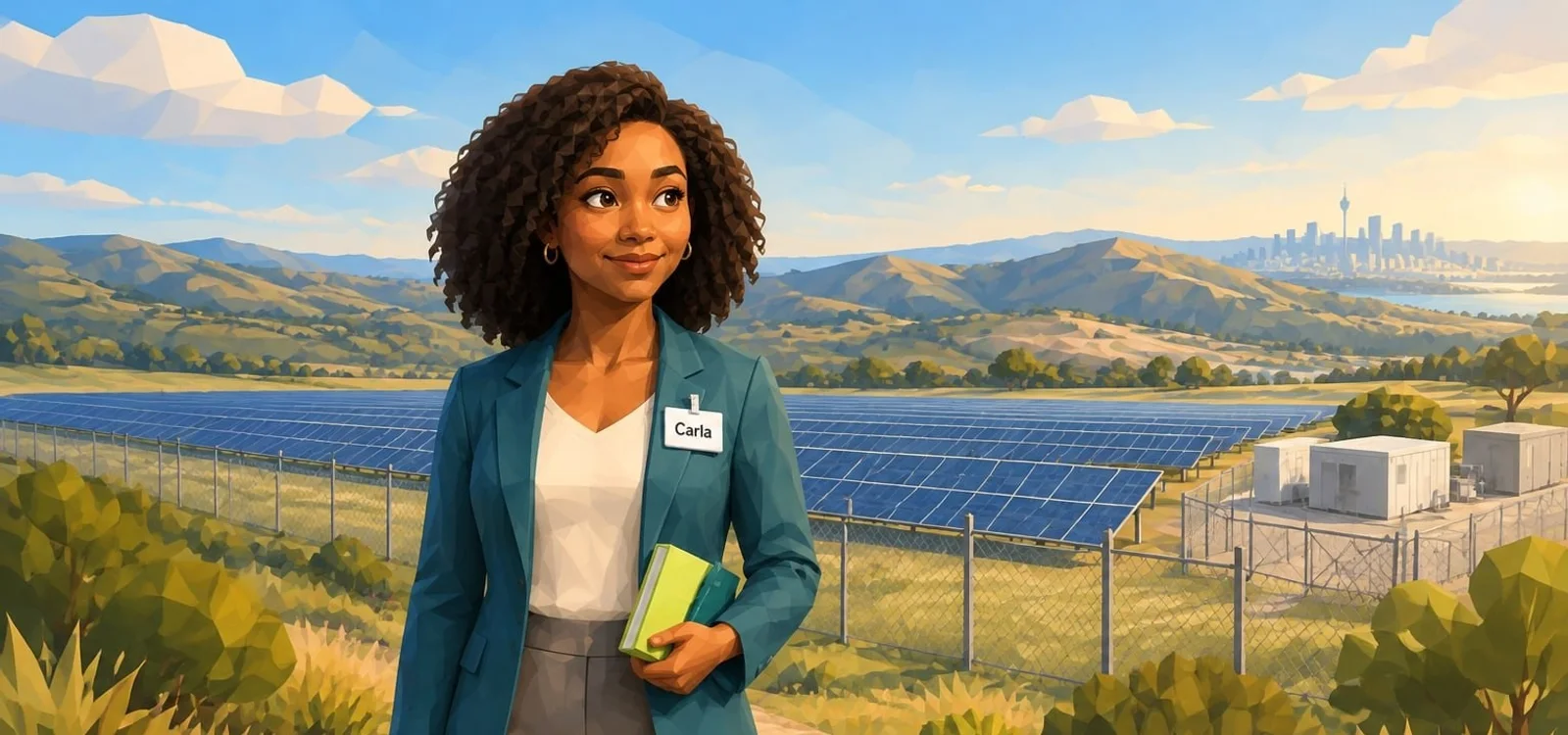 AI-generated GEMS postcard in a low-poly style of an engagement practitioner holding notebooks beside a solar farm, with hills and a city skyline behind