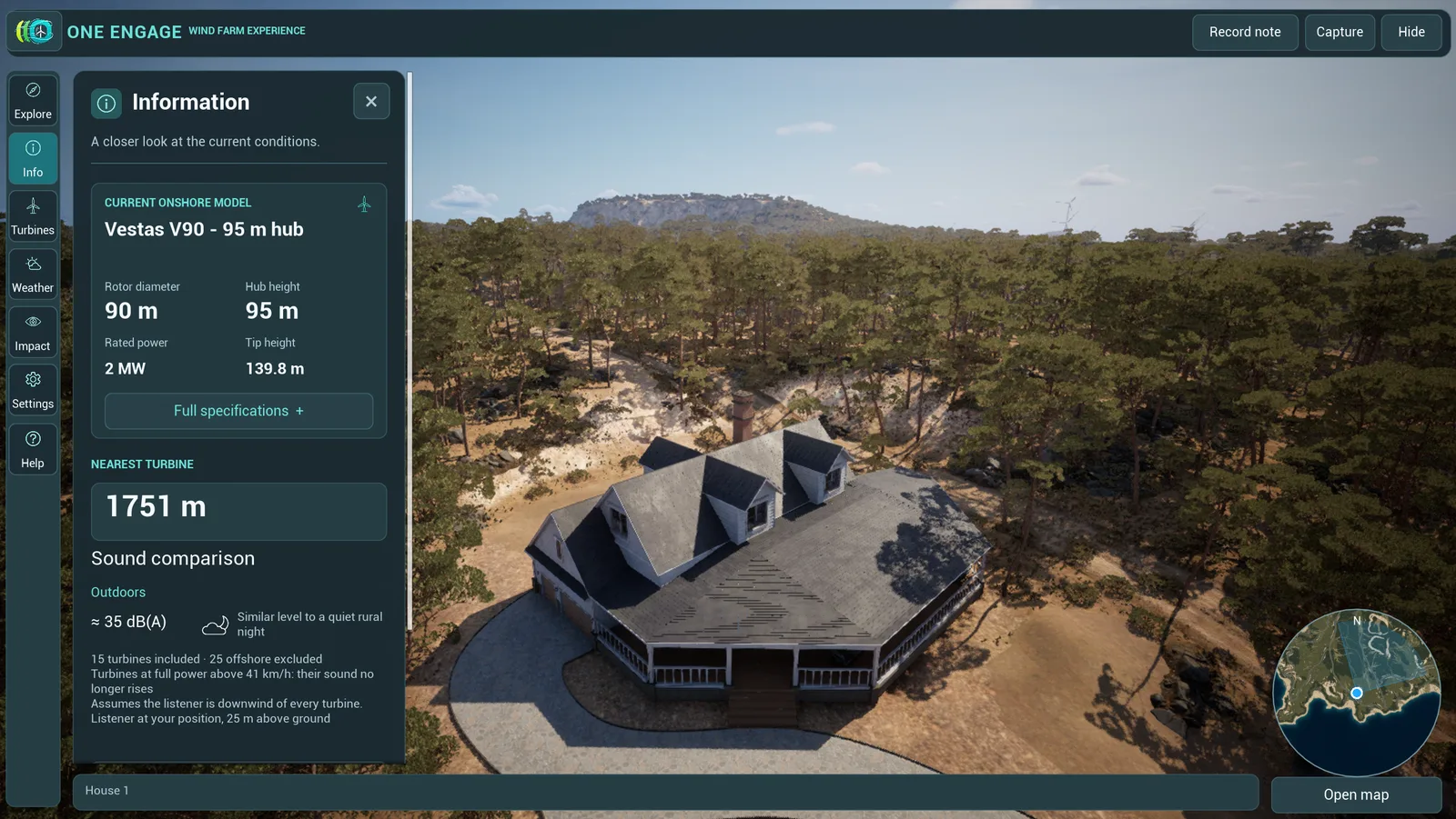 Landholder Touchpoint aerial view of a homestead in woodland with wind turbines on a distant ridge, beside a panel showing the turbine model, nearest turbine distance and sound comparison