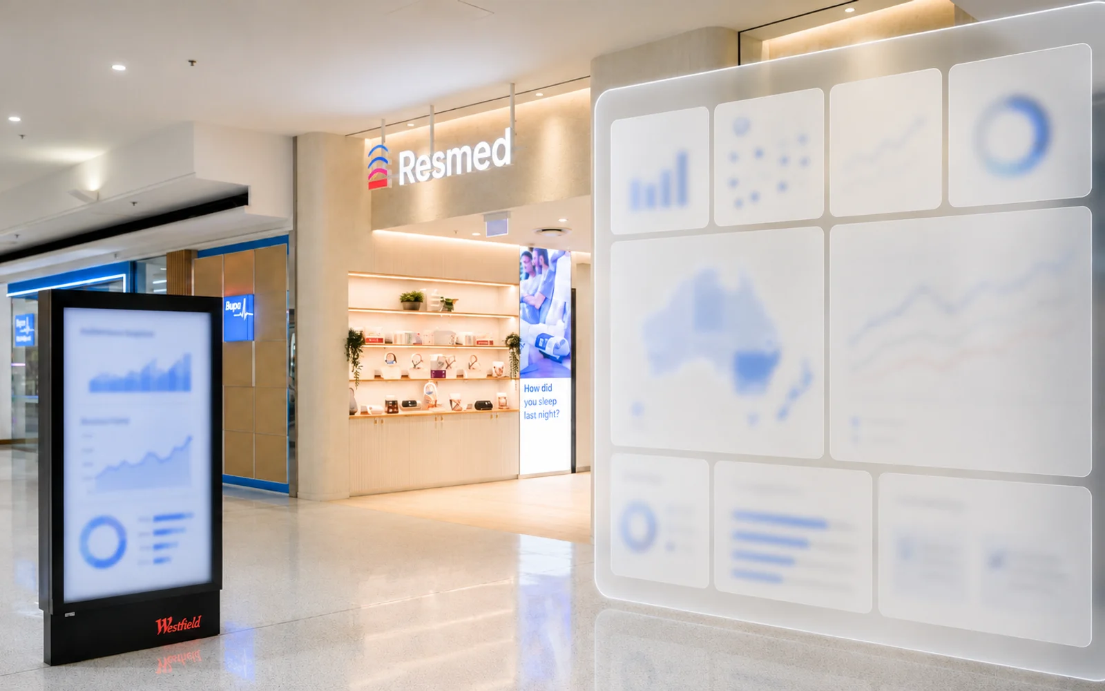 Resmed retail location with a frosted conceptual community analytics dashboard overlay