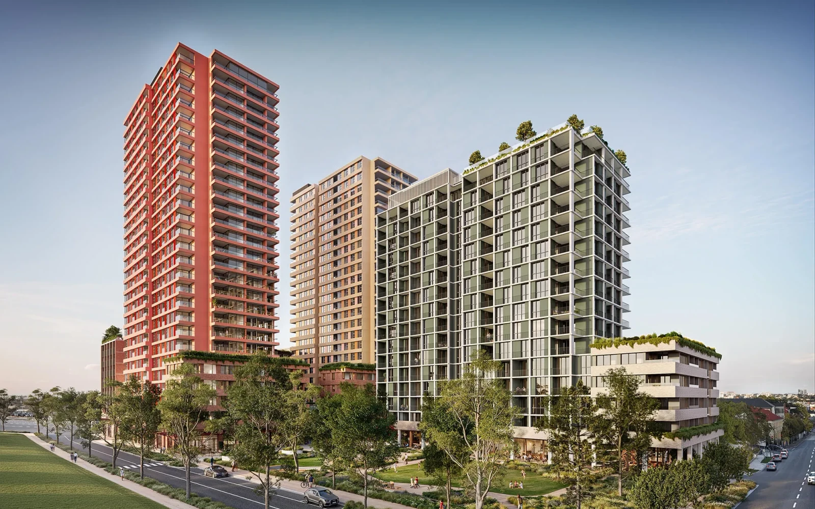 Architectural rendering of three residential towers and landscaped public space at the proposed Five Dock development